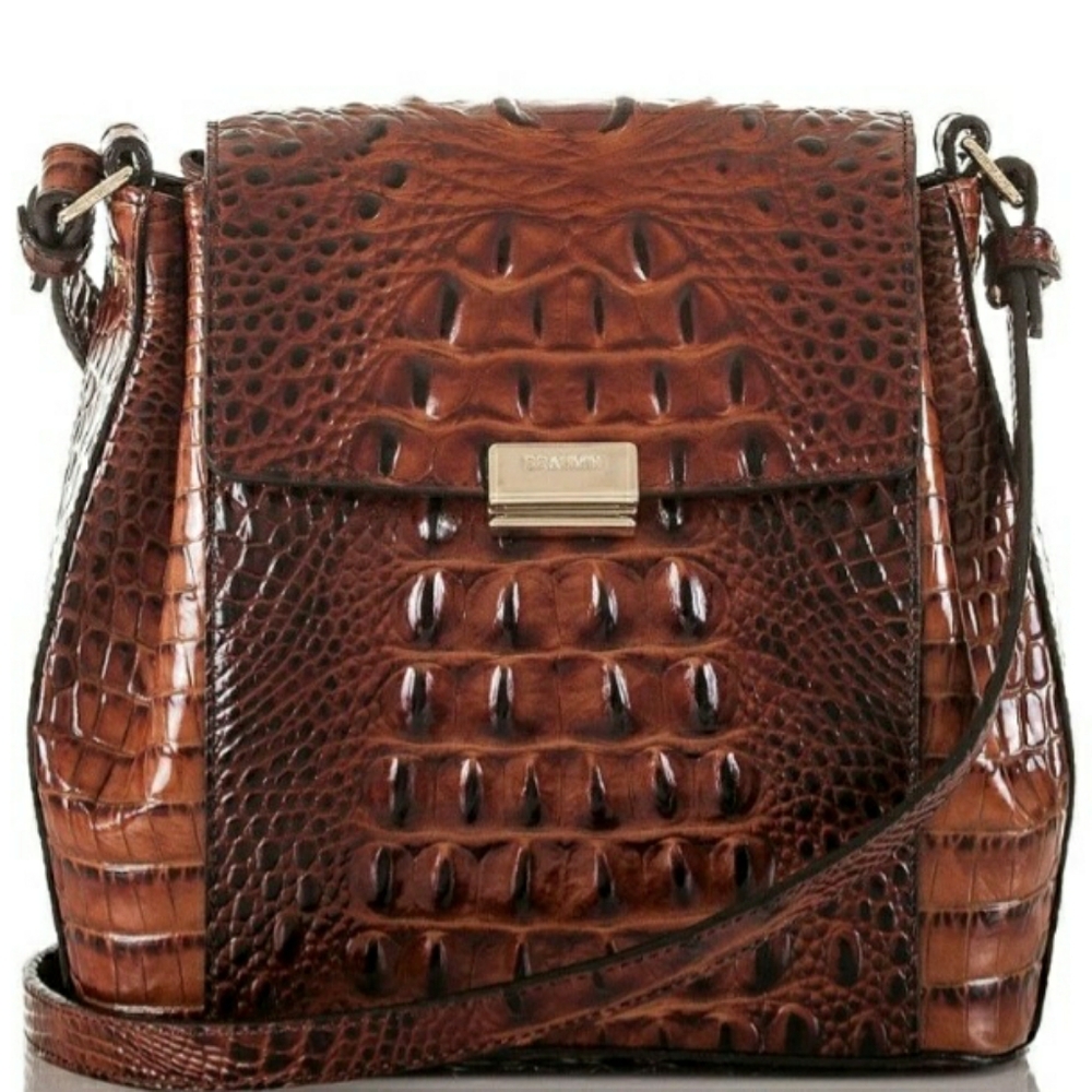 Brahmin Cognac Brown Croc-Embossed Leather Crossbody with Gold-Tone Lock